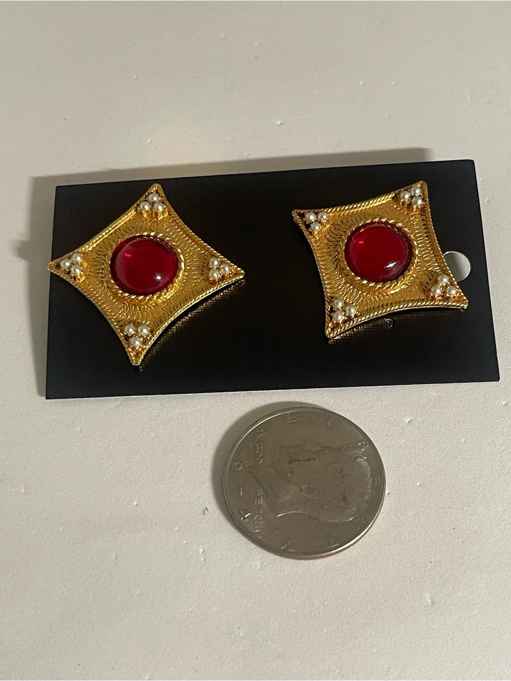 Gold-Tone Red Cabochon Square Statement Clip-On Earrings